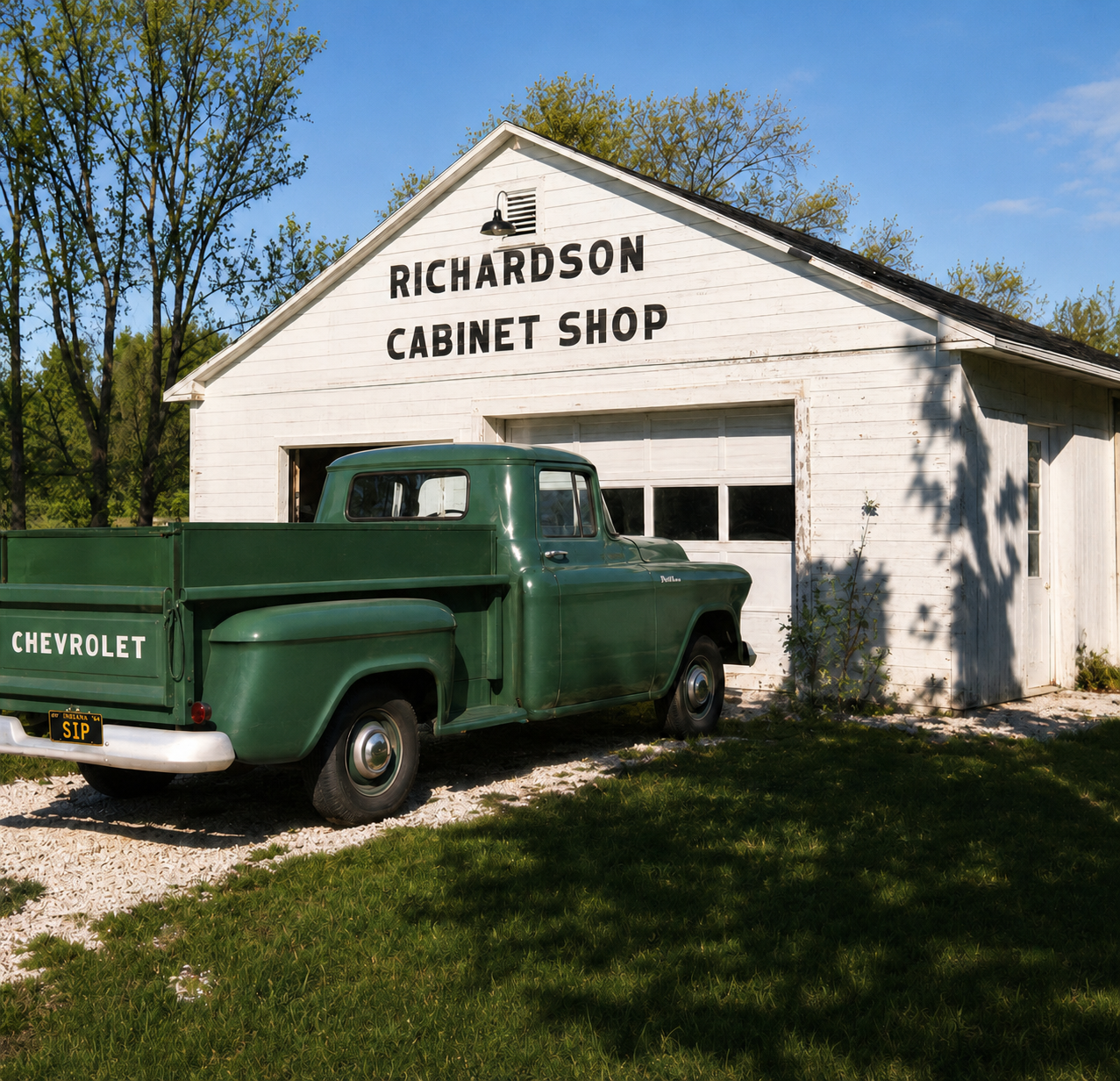 Color restoration of Richardson Cabinet Shop with a green Chevrolet pickup truck
