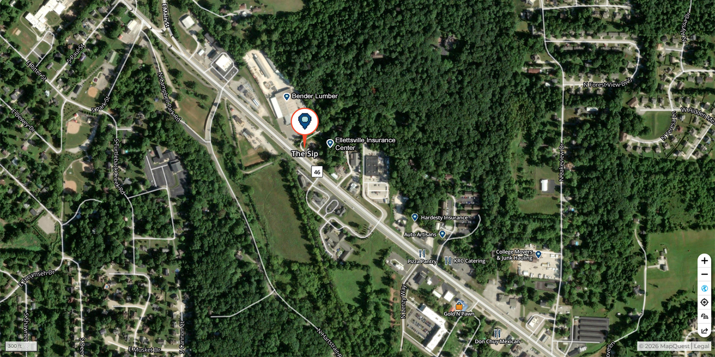 Map showing The Sip Craft Beer Pub at 5920 W State Rd 46 in Bloomington, Indiana